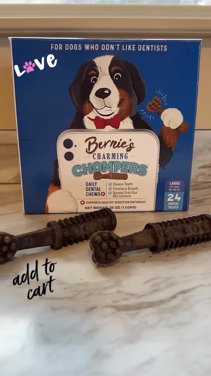 TikTok post by @lunalilyandgremlin for Bernie's Best. Caption reads: @Bernie’s Best THANK YOU FOR THESE DENTAL CHEWS.....