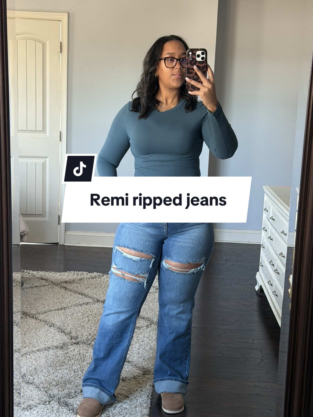 TikTok post by @mykasfinds for Fashion Nova. Caption reads: @Fashion Nova #jeans #stretchyjeans [...].