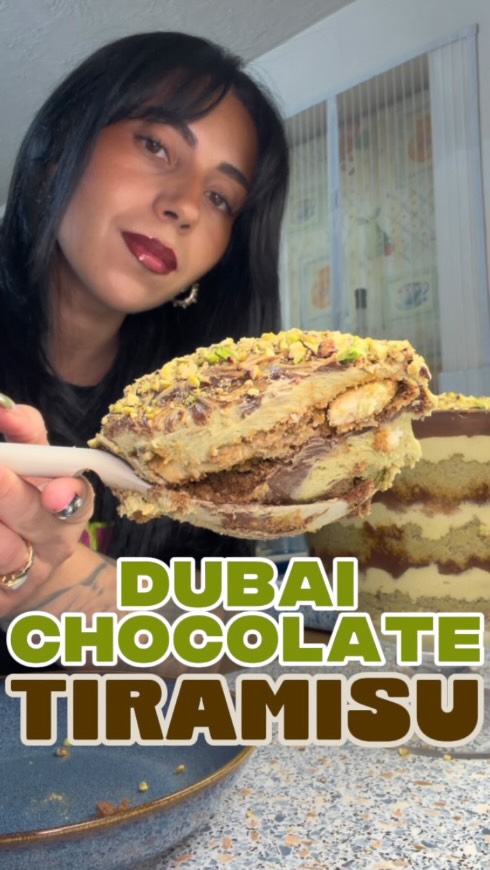 Instagram post by @eatswithalia for The Feedfeed. Caption reads: This Dubai Chocolate Tiramisu by @eatswithalia....