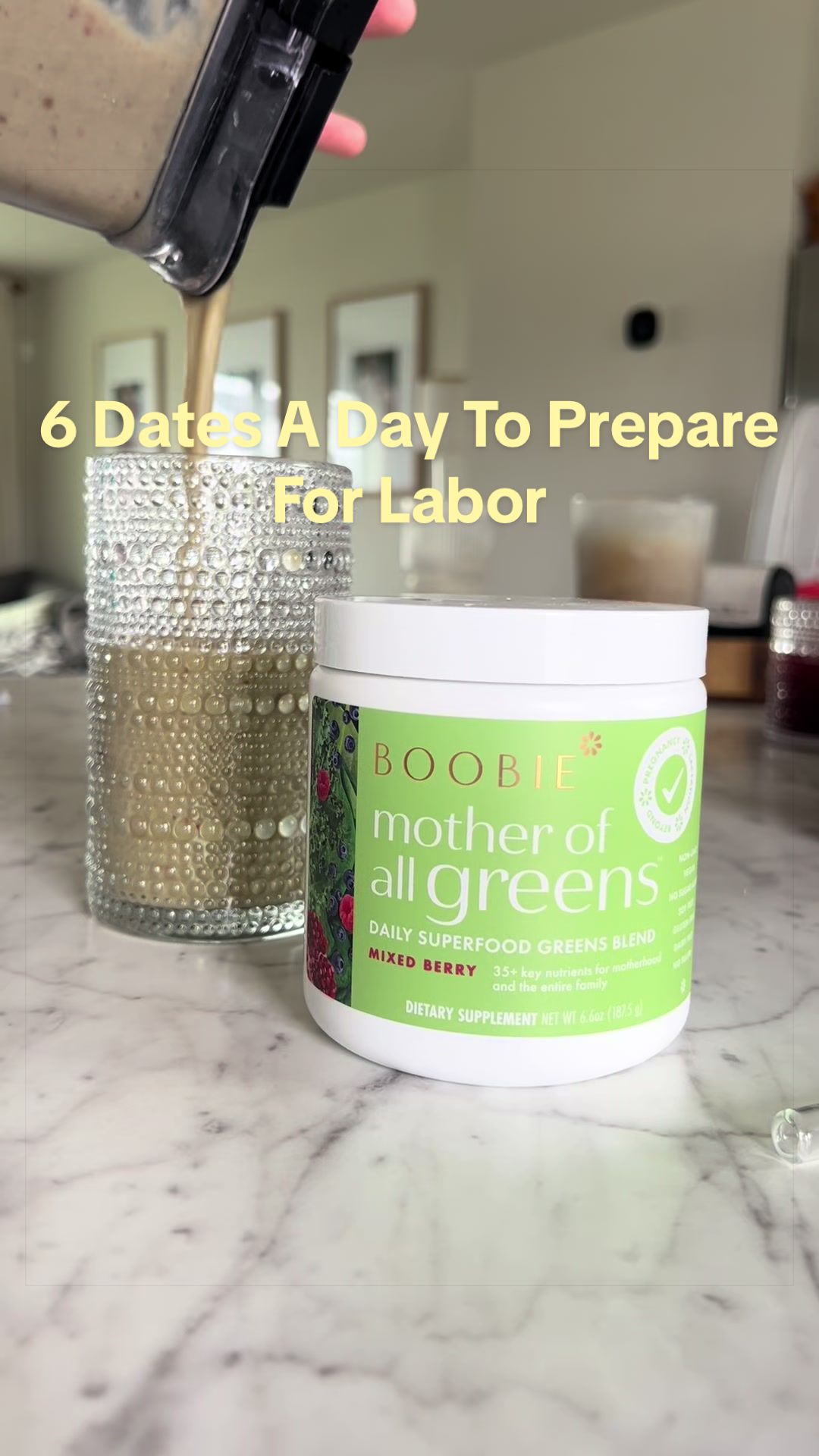 TikTok post by @amber_mama for BOOBIE* Superfoods. Caption reads: Let’s get in our 6 dates a day to prepare for....
