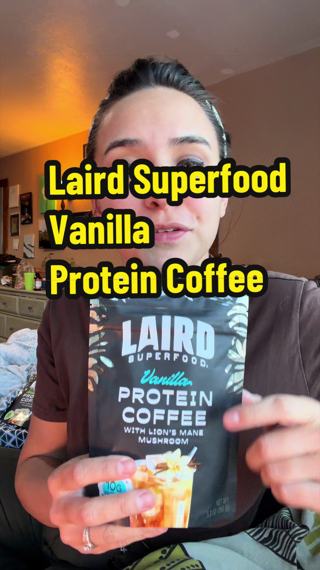 TikTok post by @akchev for Laird Superfood. Caption reads: [...] wrecking my stomach 👀☕ This is the Laird....