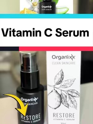 TikTok post by @durgabudhakshetri for Organixx. Caption reads: Organixx Restore 26% Vitamin C Serum with [...].