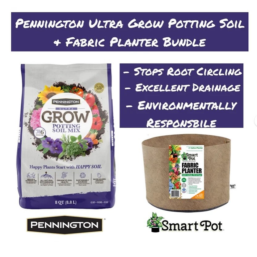 Instagram post by @penningtonsoilproducts for Smart Pot. Caption reads: [...] 8QT Ultra Grow Potting Mix and 2 Gallon....