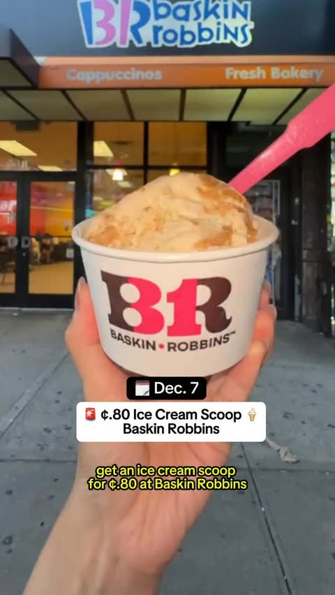 Instagram post by @yourthrifty.bff for Baskin-Robbins. Caption reads: 🍨 80¢ ICE CREAM SCOOPS at Baskin-Robbins?! 😭🔥....