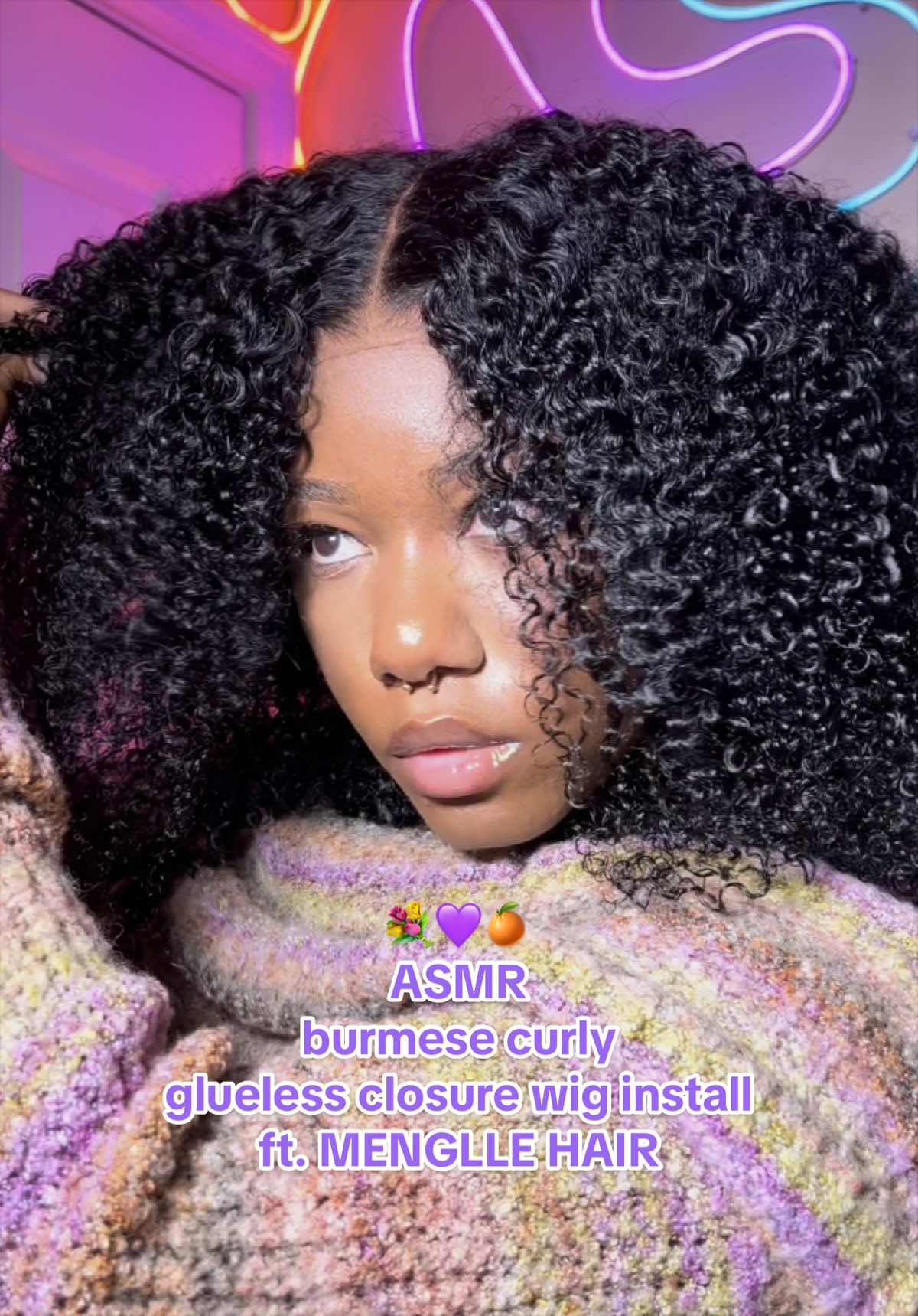 TikTok post by @zhanealiya for Menglle Hair. Caption reads: [...] out 🤩💜 WIG DETAILS 📌 from: @MENGLLE HAIR....