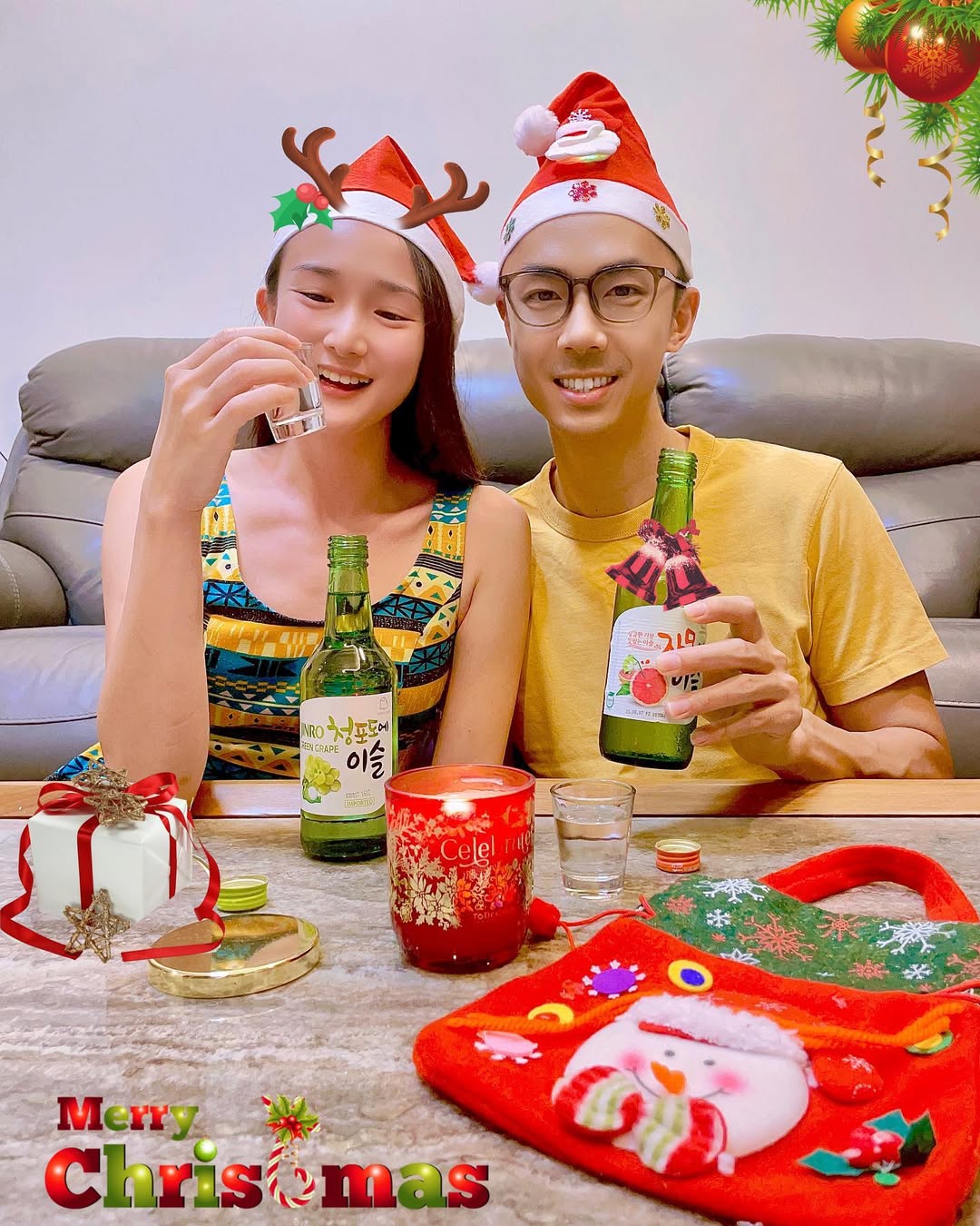 Instagram post by @vernece.lss for HiteJinro Global. Caption reads: Embrace the festive spirit with Jinro Soju, a....