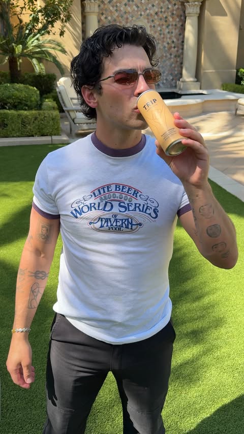 Instagram post by @joejonas for TRIP. Caption reads: I’m perfectly balanced and outside 🥭 @trip.drinks.