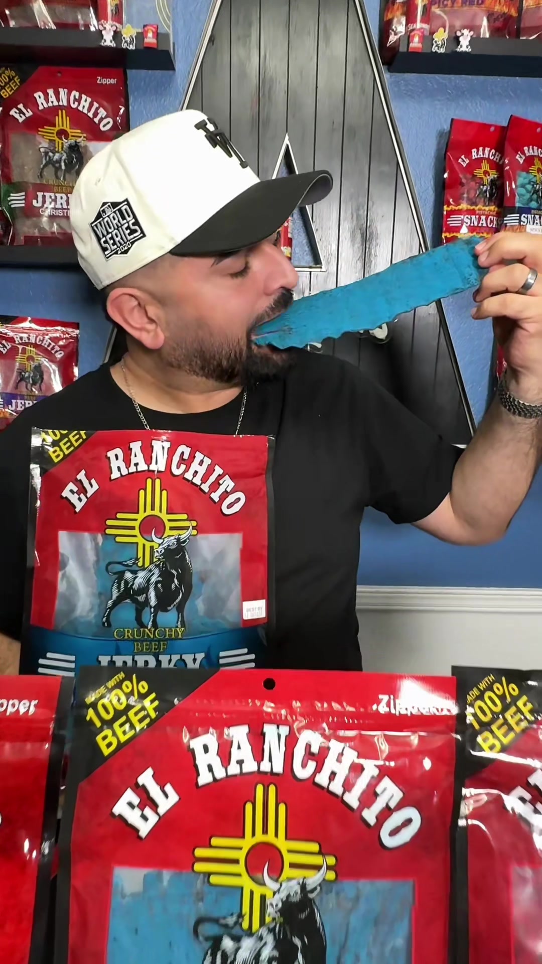 TikTok post by @acostaa.fam for El Ranchito Jerky. Caption reads: El Ranchito Jerky's Top 3 Sellers🔥 available....