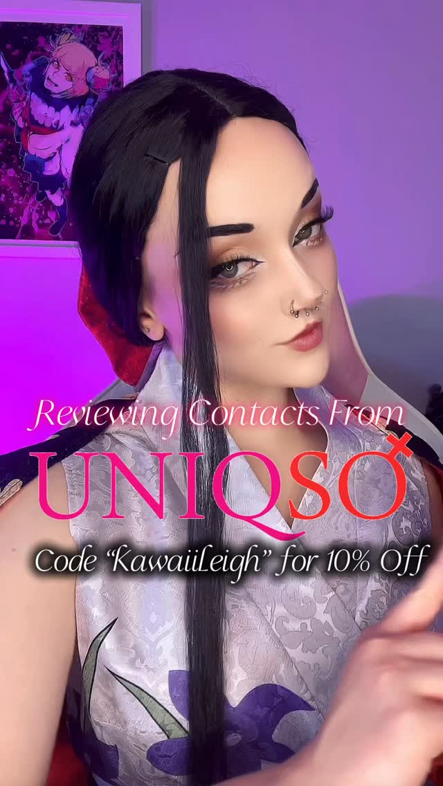 Instagram post by @kawaii.leigh for UNIQSO. Caption reads: BEAUTIFUL contacts from @uniqso 👀 use code....