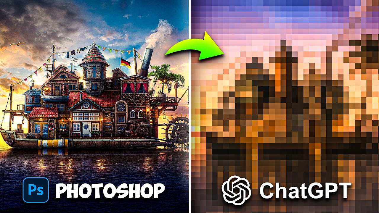 YouTube post by @BennyProductions for Kittl. Caption reads: Photoshop vs ChatGPT: Who Makes Better Art?.