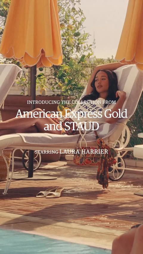 Instagram post by @lauraharrier for STAUD. Caption reads: [...] Express Gold 60th Collection with STAUD is....