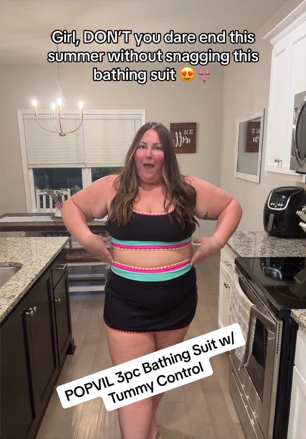 TikTok post by @loriannbarnes1 for Popvil. Caption reads: [...] with this 3pc tummy control swimsuit by....