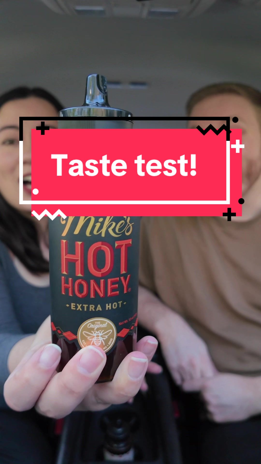 TikTok post by @nick_and_erika for Mike's Hot Honey. Caption reads: [...] hot could the extreme hot honey be?....