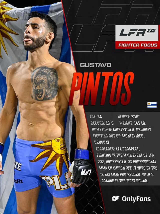 Instagram post by @plenafighter.uy for Legacy Fighting Alliance. Caption reads: #LFAFighterFocus Gustavo Pintos 🇺🇾 Double-Tap....