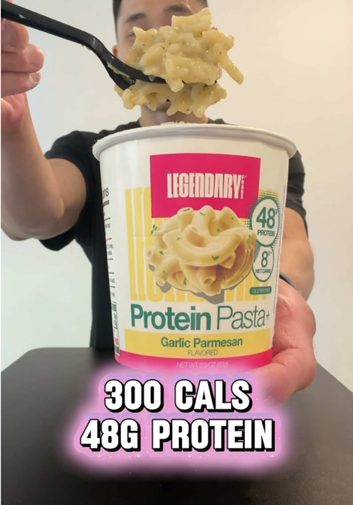 TikTok post by @j_jungy for Legendary Foods. Caption reads: NEW Garlic Parmesan Protein Pasta by @Legendary....