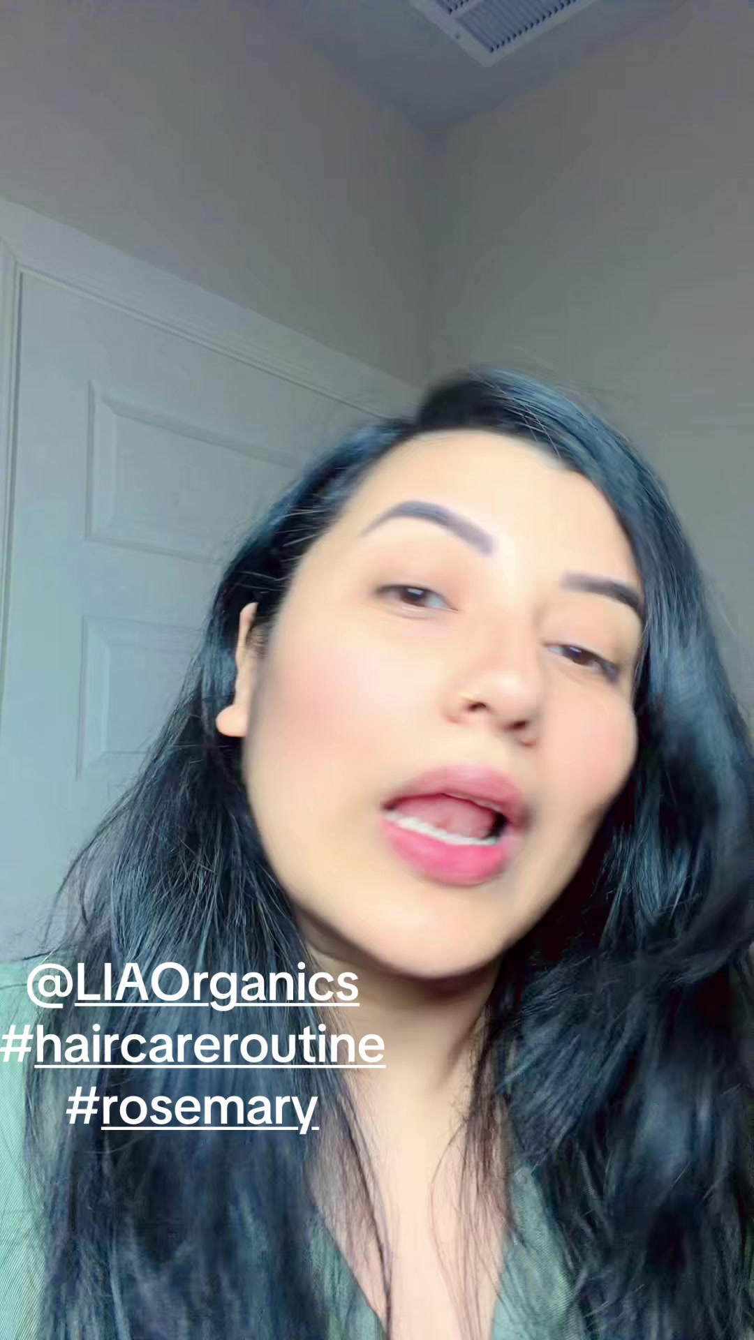 TikTok post by @pujaniraula92 for LIA Organics. Caption reads: [...] Rosemary TonicWater Scalp Spray @LIAOrganics....