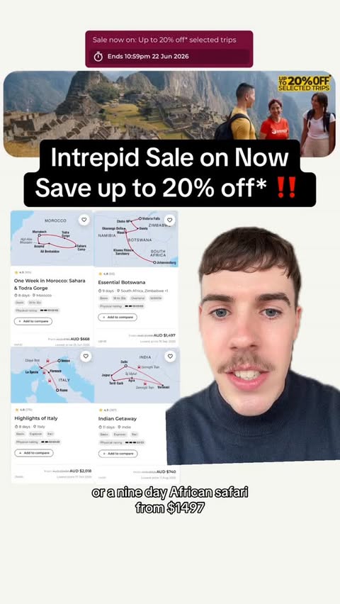 Instagram post by @savvynotstingy for Intrepid Travel. Caption reads: [...] Sale ends 22 June. *T&Cs apply.....