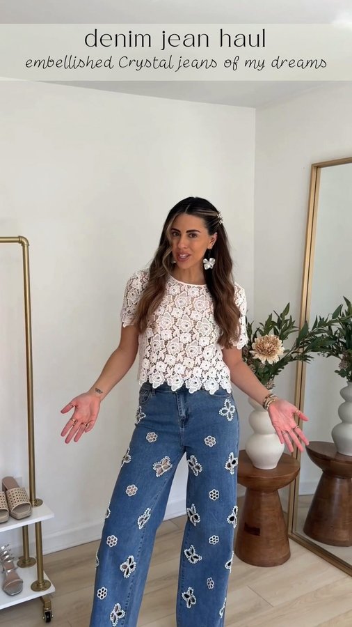 Instagram post by @sugaredstilettos for The Noli Shop. Caption reads: the embellished denim jeans of my DREAMS ☁️✨ …....