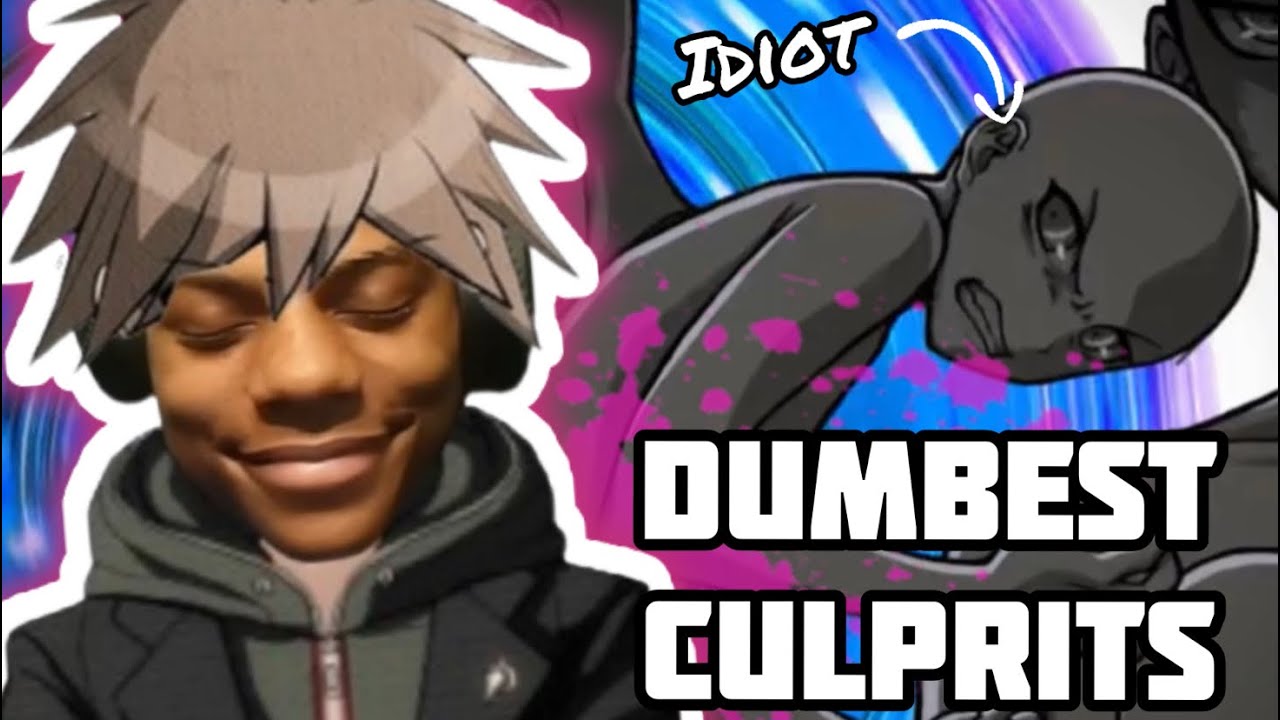 YouTube post by @PlushroomKingdomTV for INTO THE AM. Caption reads: The Dumbest Culprit in Every Danganronpa Game.