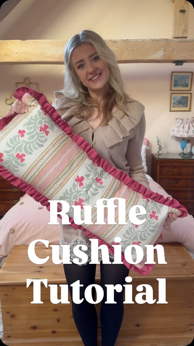 Instagram post by @thehayebarn for Linwood Fabric. Caption reads: ✨ Handmade Ruffle Cushion Tutorial ✨ I’ve been....