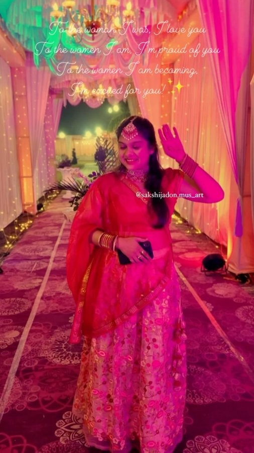 Instagram post by @sakshijadon.mus_art for Sabyasachi. Caption reads: [...] I’m excited for you!✨

Outfit :-....