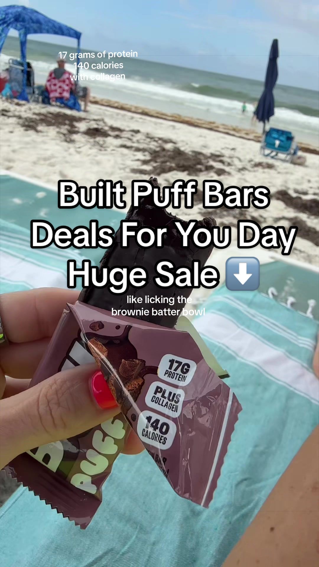 TikTok post by an influencer for BUILT Bar. Caption reads: [...] 17 g of protein and 140 cal @Built Bar....
