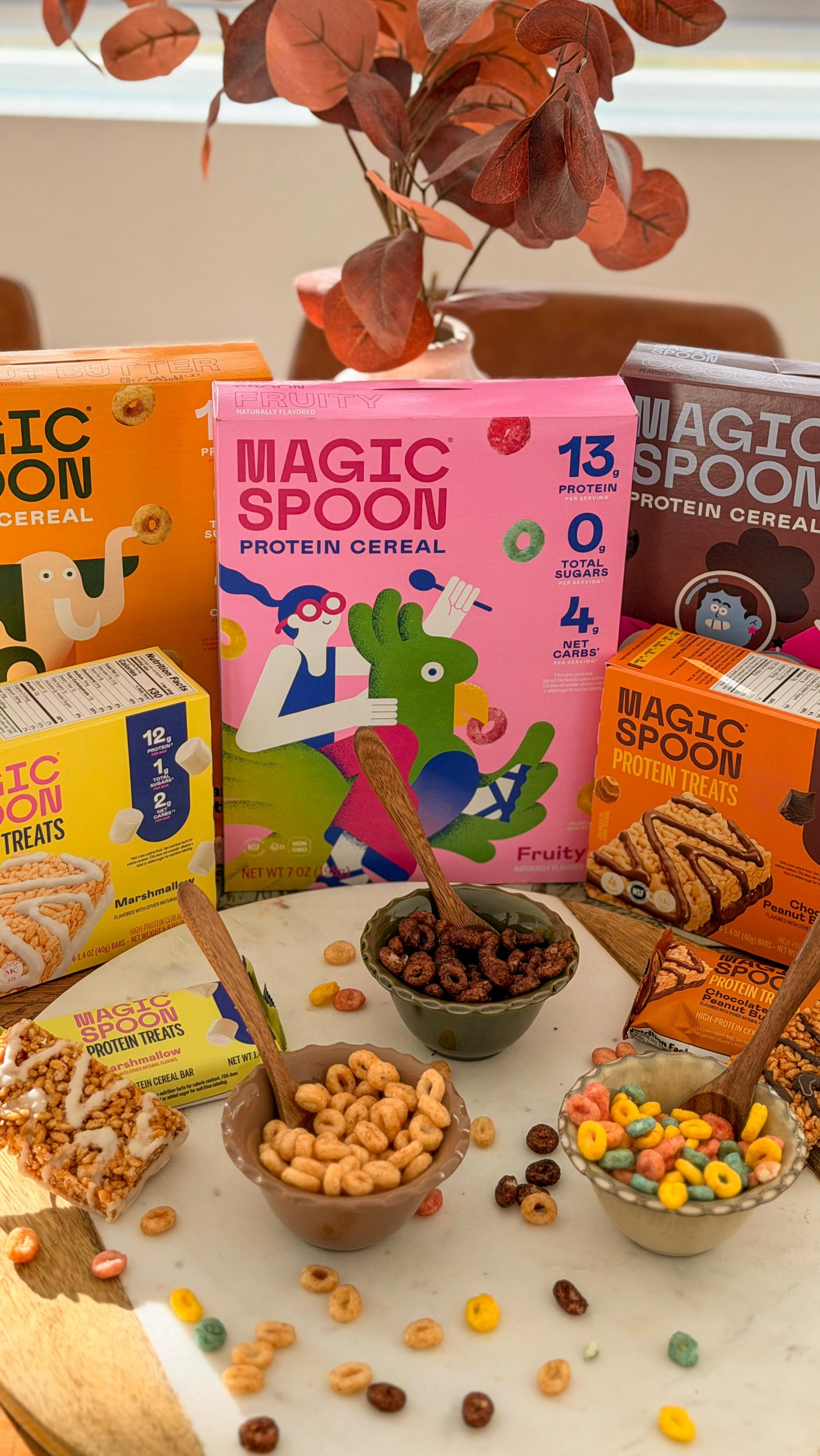 Instagram post by @thejennaleigh3 for Magic Spoon. Caption reads: [...] go-to high protein cereal & snacks

🛒Find....