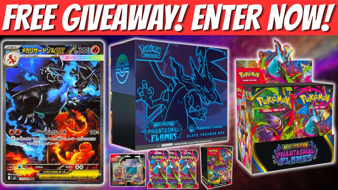 YouTube post by @Itwasneveraphasecards for Sticker Mule. Caption reads: HUGE Phantasmal Flames Giveaway! Free Pokemon....