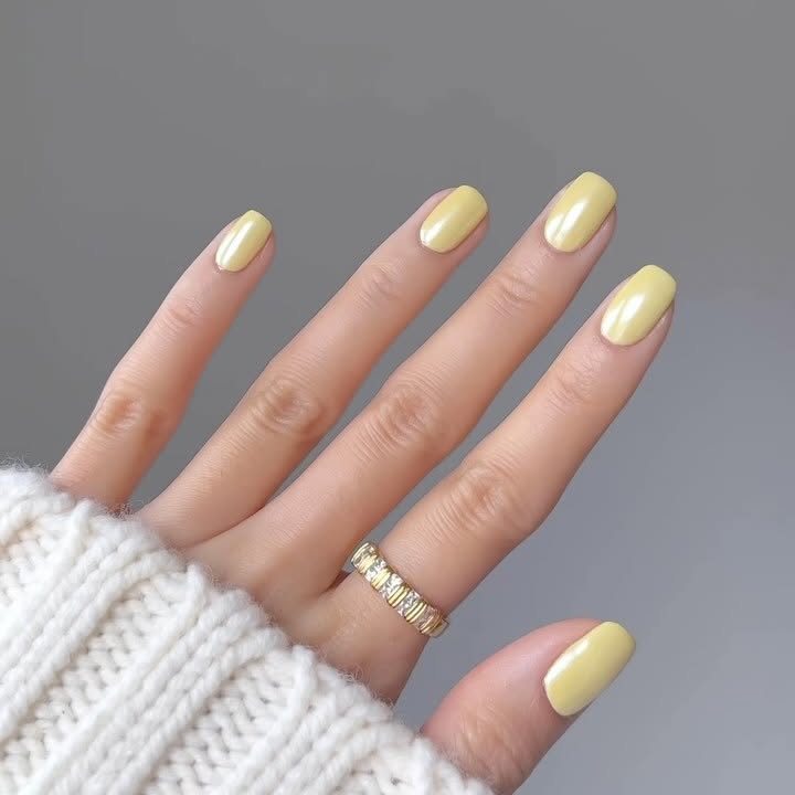 Instagram post by @nailsbyalsn for Luv Aj. Caption reads: butter yellow chrome for spring? YES 🙂‍↕️

Using....