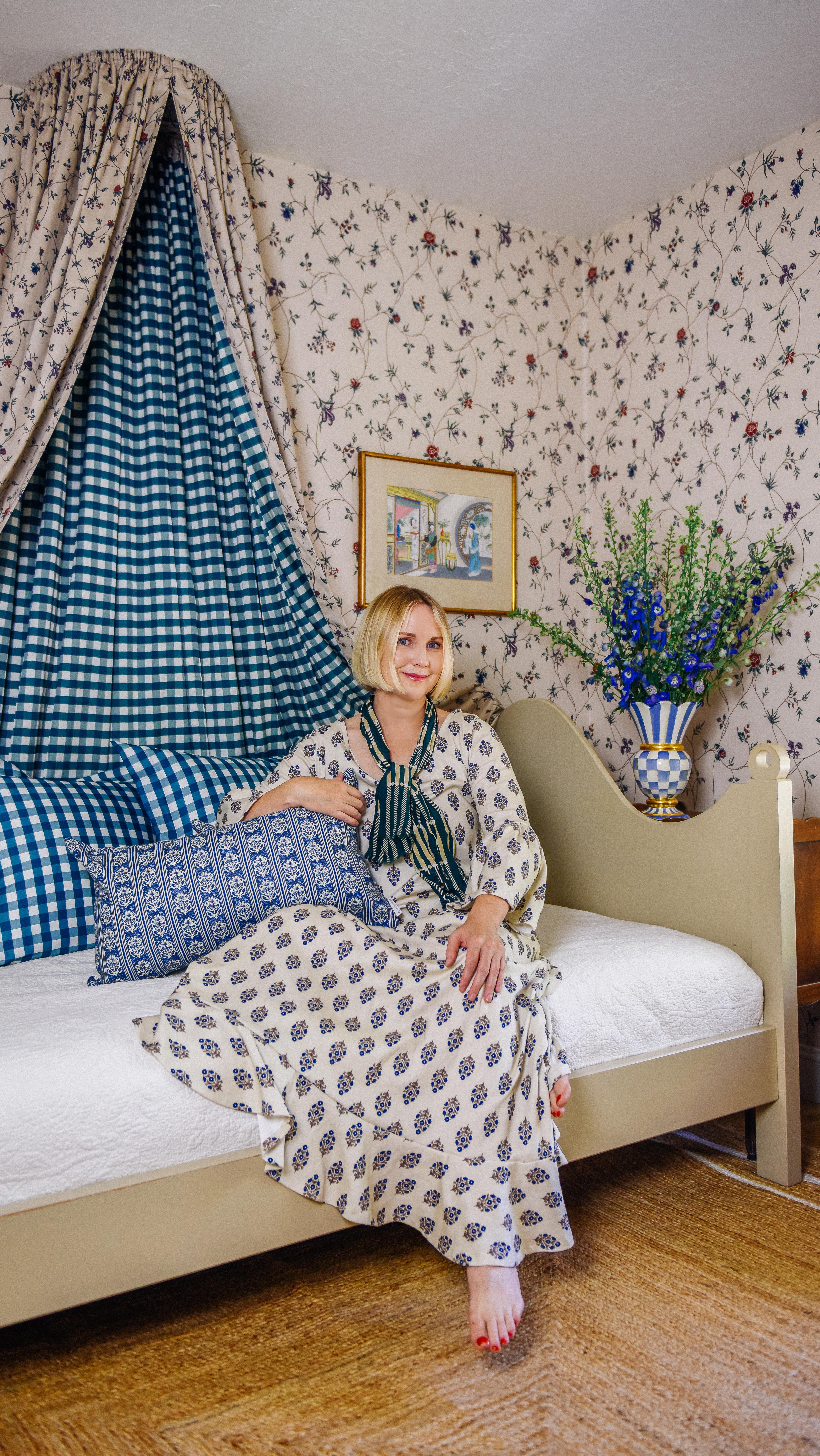 Instagram post by @houselarsbuilt for Spoonflower. Caption reads: Can you believe the guest room transformation? I’m....