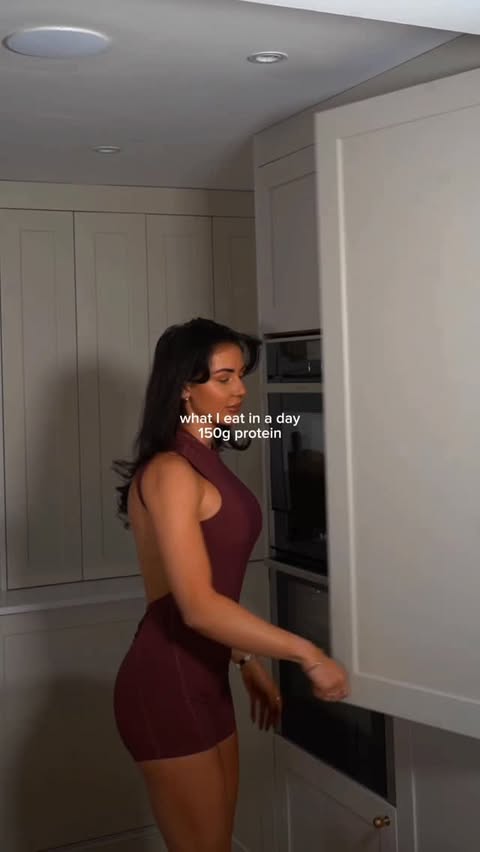 Instagram post by @oliviajarviss for Protein Works. Caption reads: WHAT I EAT IN A DAY — 150g protein & high....