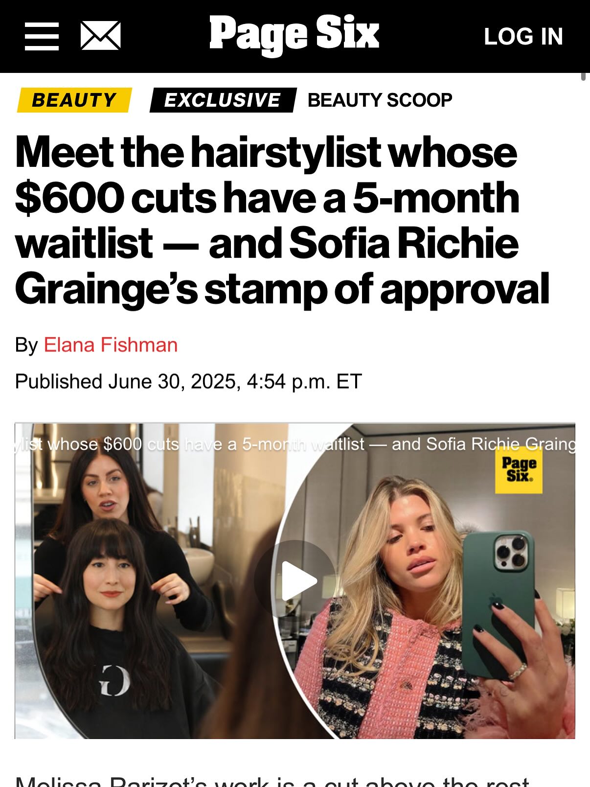 Instagram post by @melissawillcutyou for IGK Hair. Caption reads: Truly humbled this morning seeing this @pagesix....