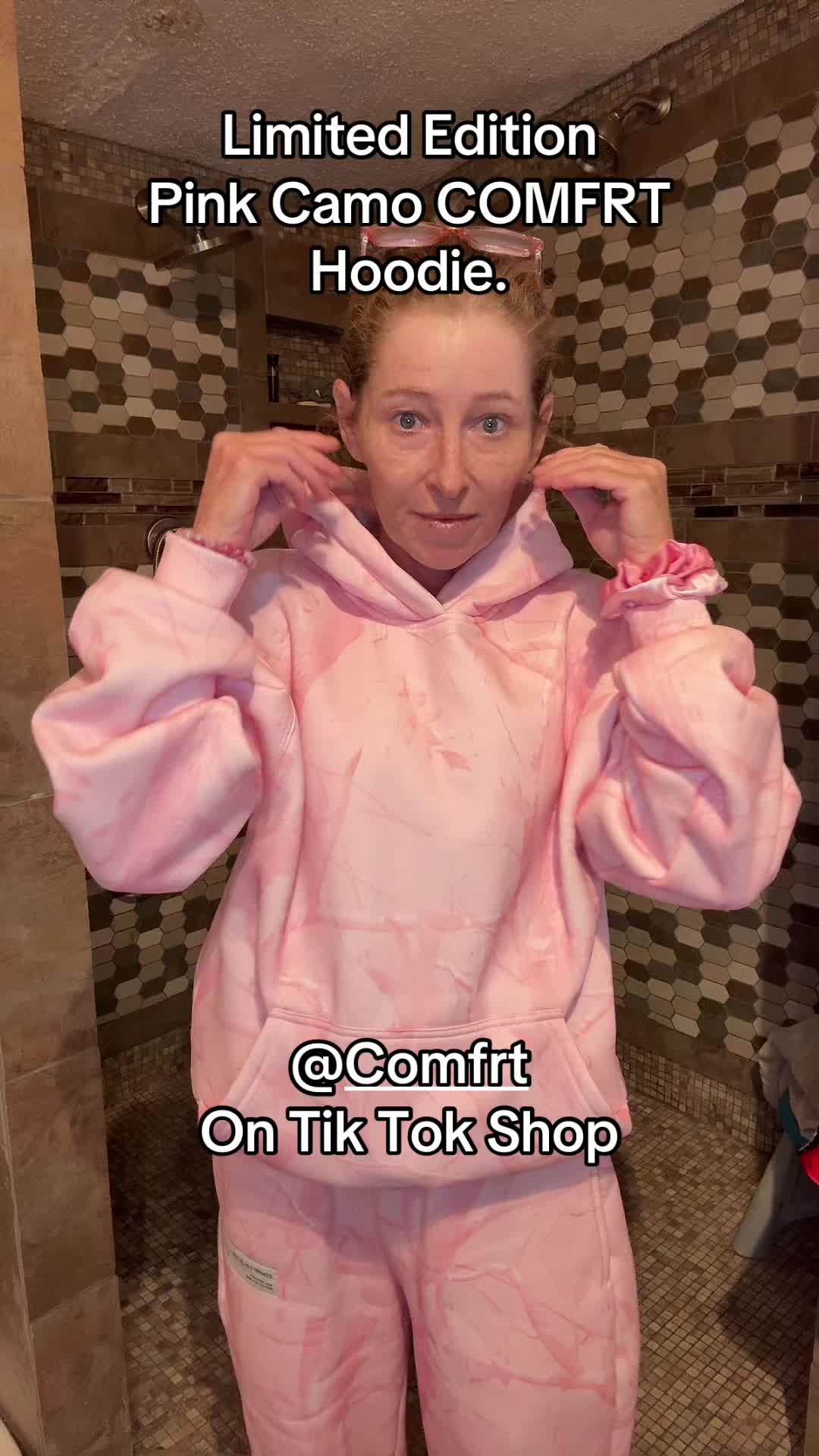 TikTok post by @kim_sumner2416 for Comfrt. Caption reads: #comfrt #comfrthoodie #pinkcamohoodie [...].