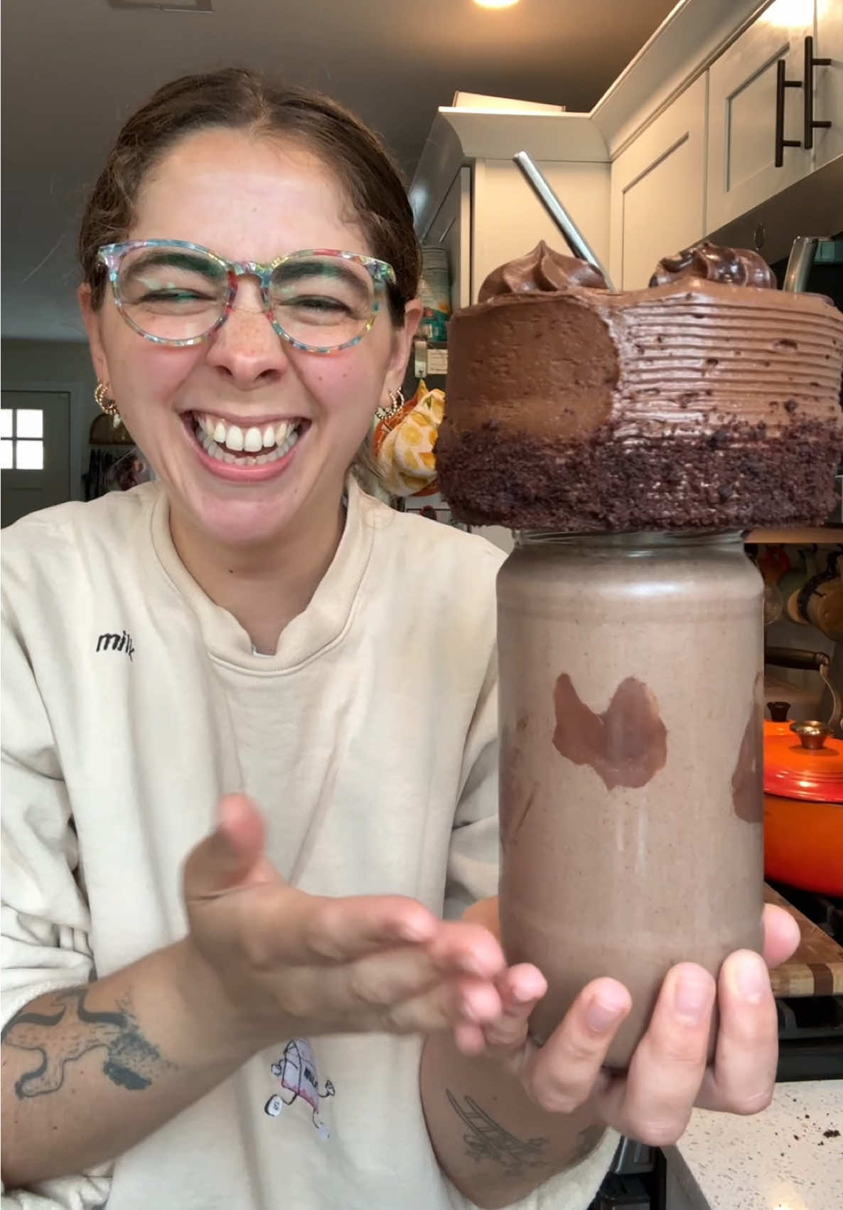 TikTok post by @_gloyoyo_ for gonnaneedmilk. Caption reads: this chocolate chocolate cake milkshake wouldn’t....