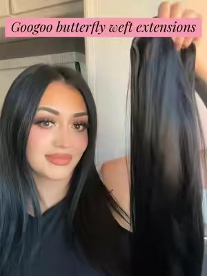 TikTok post by @makeupbytrinna for Goo Goo Hair. Caption reads: @googoohair_pr @GOO GOO Hair #butterflyweft [...].
