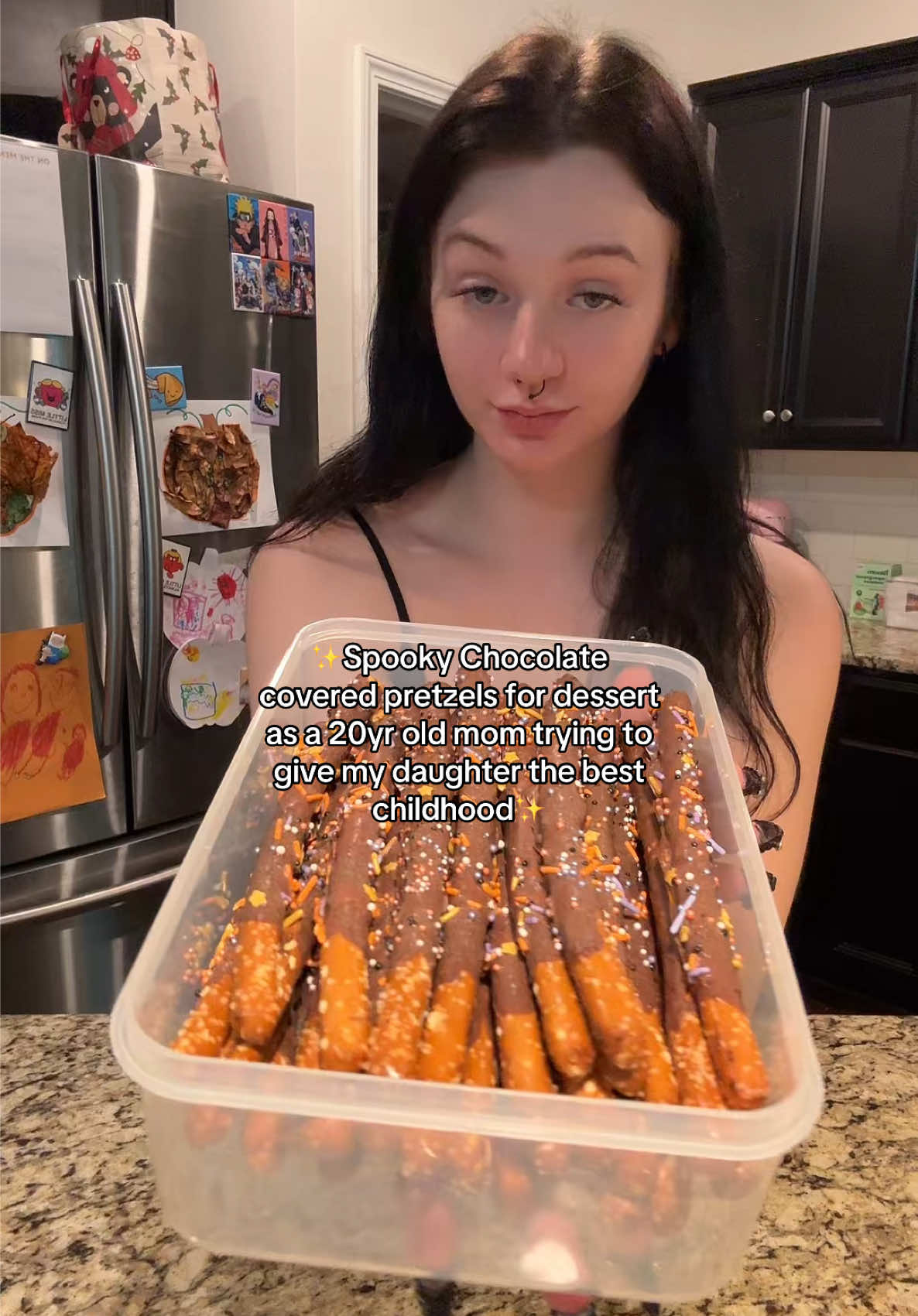 TikTok post by @_mariclaremaclamroc_ for Join Amble. Caption reads: ✨ Spooky chocolate-covered pretzels for dessert....