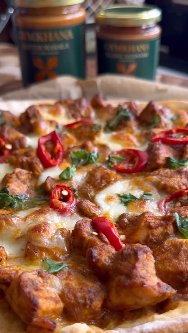 Instagram post by @kauscooks for Gymkhana Fine Foods. Caption reads: Butter Chicken Pizza with @gymkhanafinefoods 
 
ad....