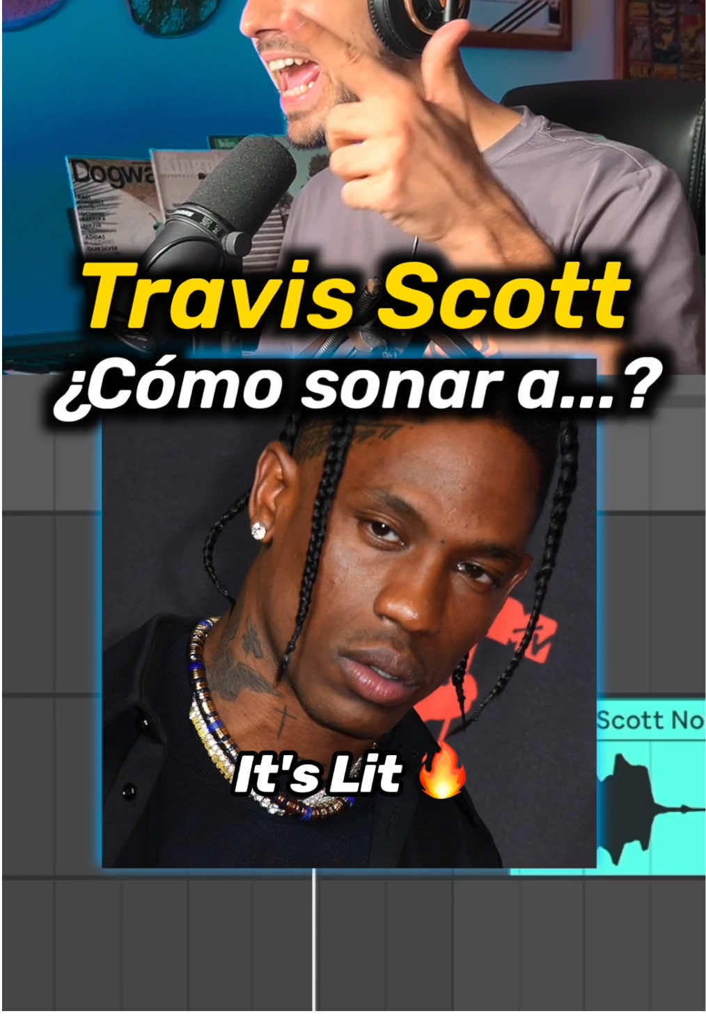 TikTok post by @trackerbits for LANDR. Caption reads: Cómo sonar a Travis Scott 🎧 @LANDR   #musica....
