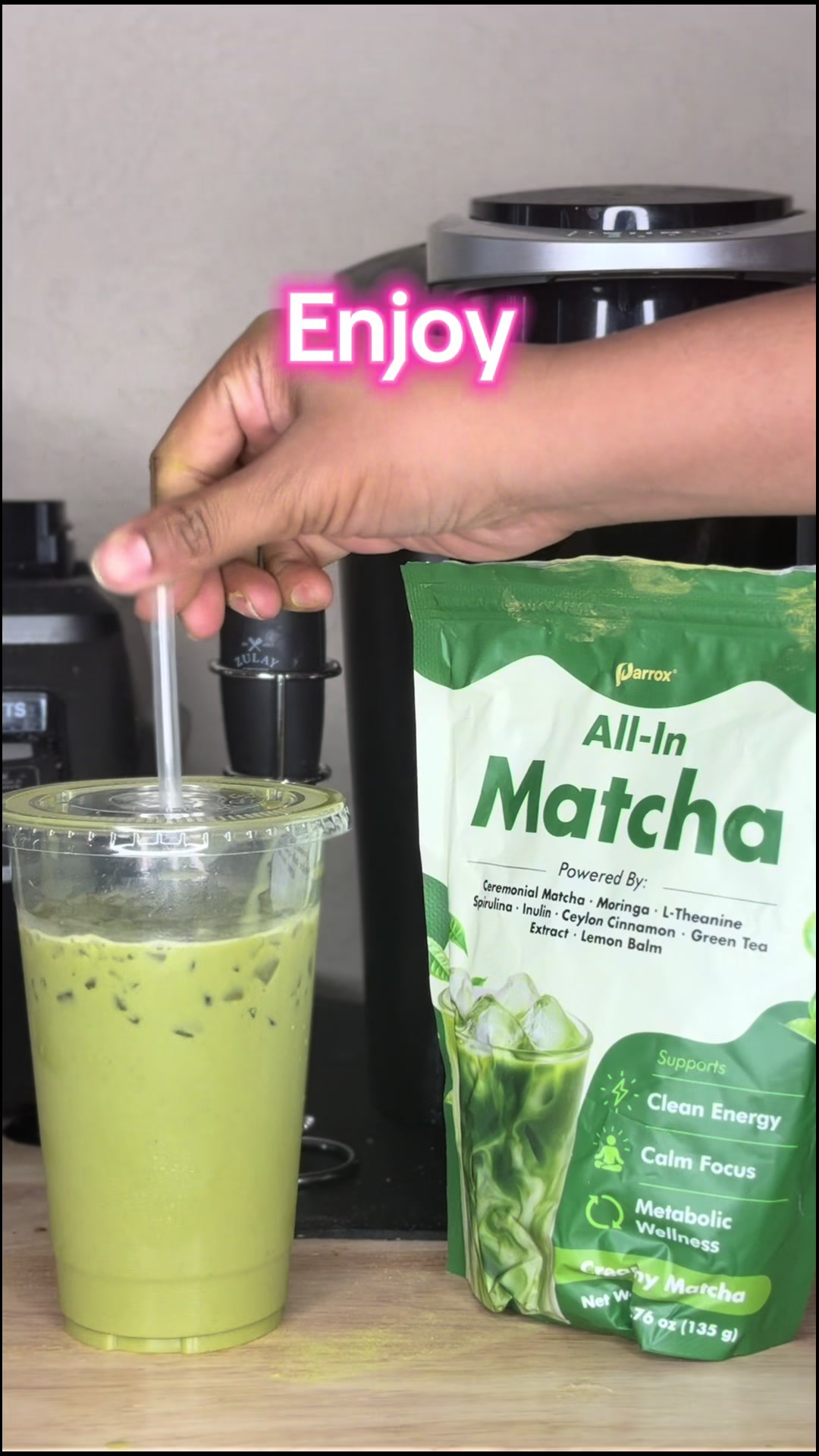 TikTok post by @daciadoesit for Parrox Okaga USA. Caption reads: [...] make your Matcha Latte? Comment ➡️ @Parrox....