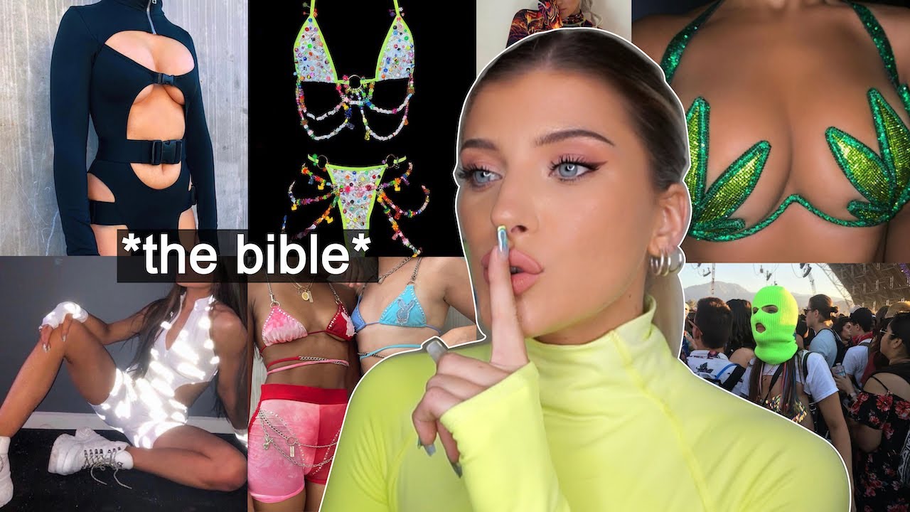 YouTube post by @tara0neilll for Rave Wonderland. Caption reads: **ULTIMATE** FESTIVAL + RAVE SHOPPING GUIDE *my....