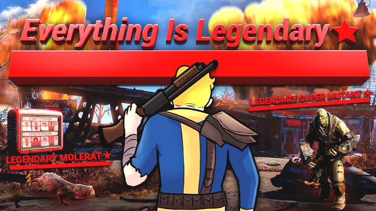YouTube post by @ItsJabo for Displate. Caption reads: Fallout 4, But I Made Everything Legendary..