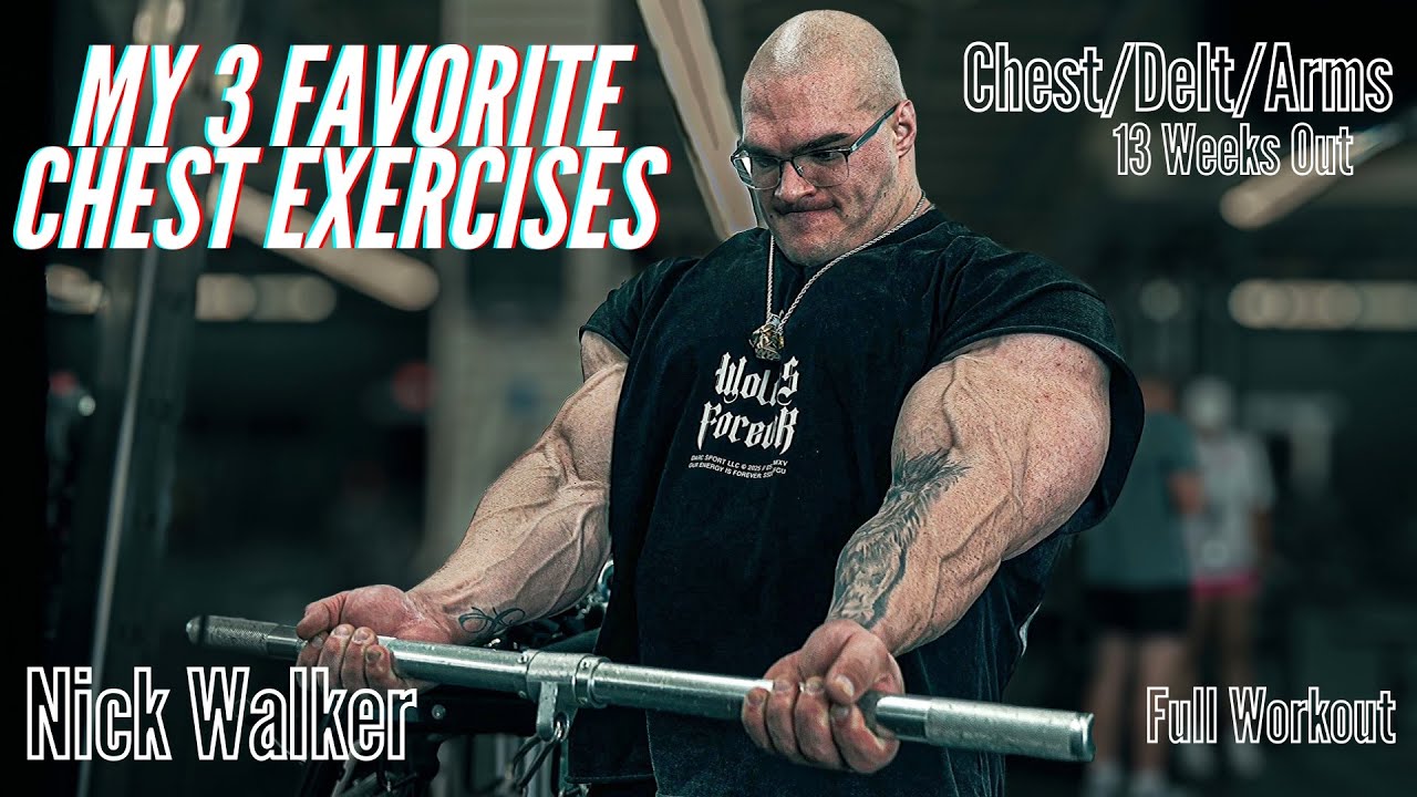 YouTube post by @NickWalker39 for Megafit Meals. Caption reads: My 3 Favorite Chest Exercises | Push Day Full....