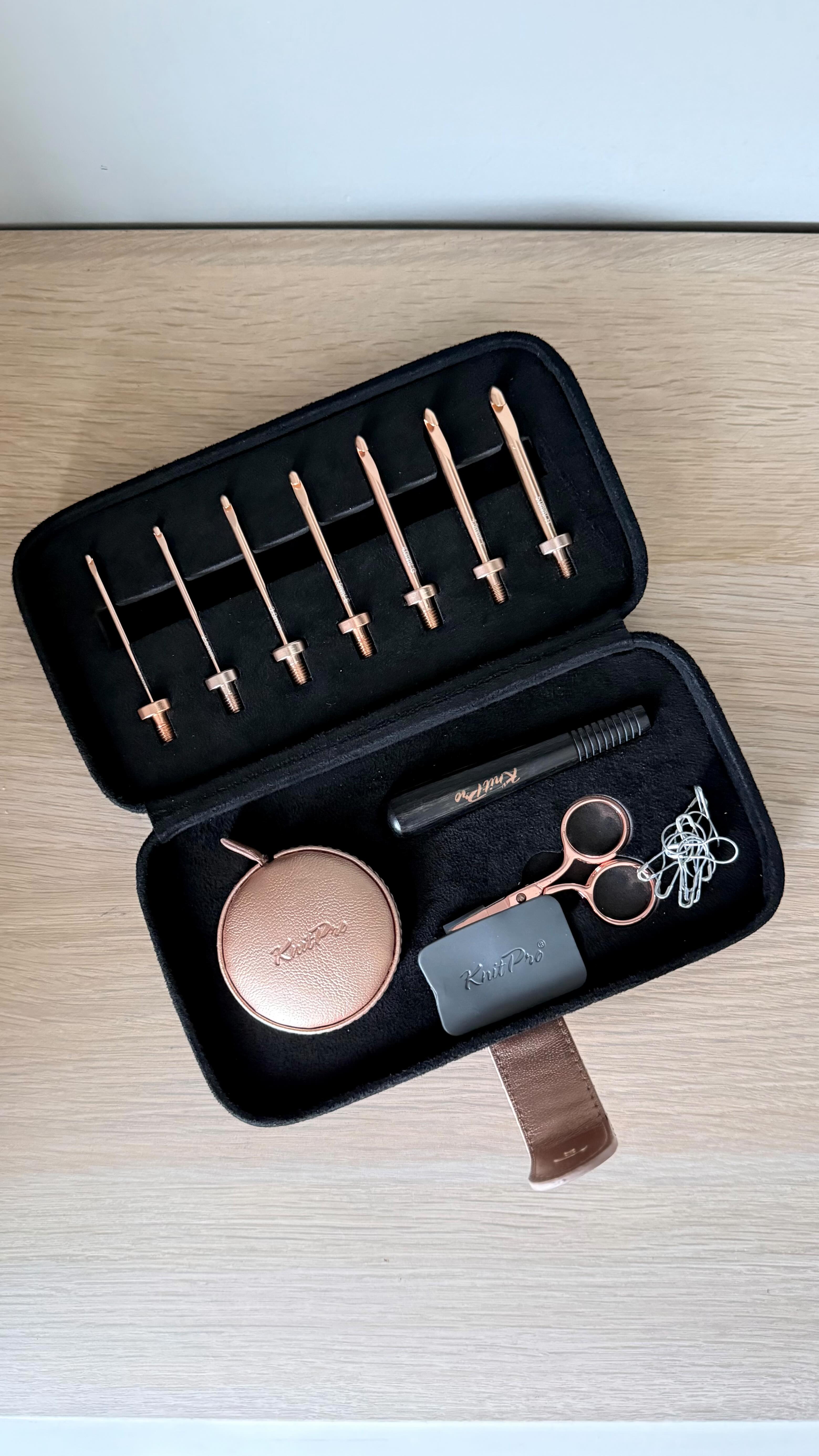 Instagram post by @thesmallmaker for KnitPro. Caption reads: 1 handle, 7 interchangeable hooks. This Oasis Rose....