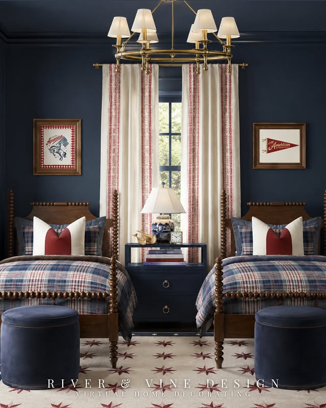 Instagram post by @river_and_vine_design_ for Lauren Croker • Online Stylist. Caption reads: A kids room with a little Fourth of July spirit,....