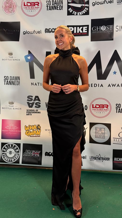 Instagram post by @chloeliuellis for Sintillate Talent. Caption reads: Emerald carpet energy 💚✨ 
Hanging my high heels....