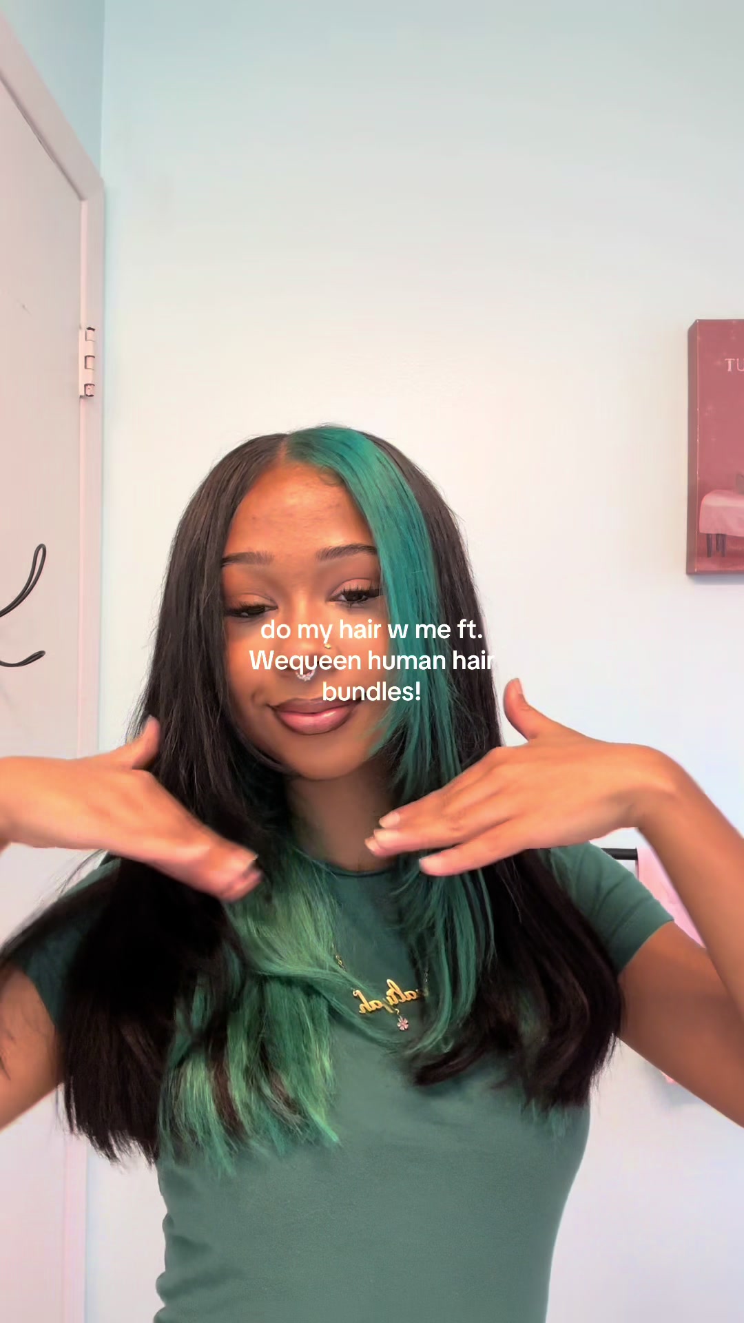 TikTok post by @leahbecappin for Wequeen. Caption reads: best human hair bundles out @Wequeenhair #tealhair....