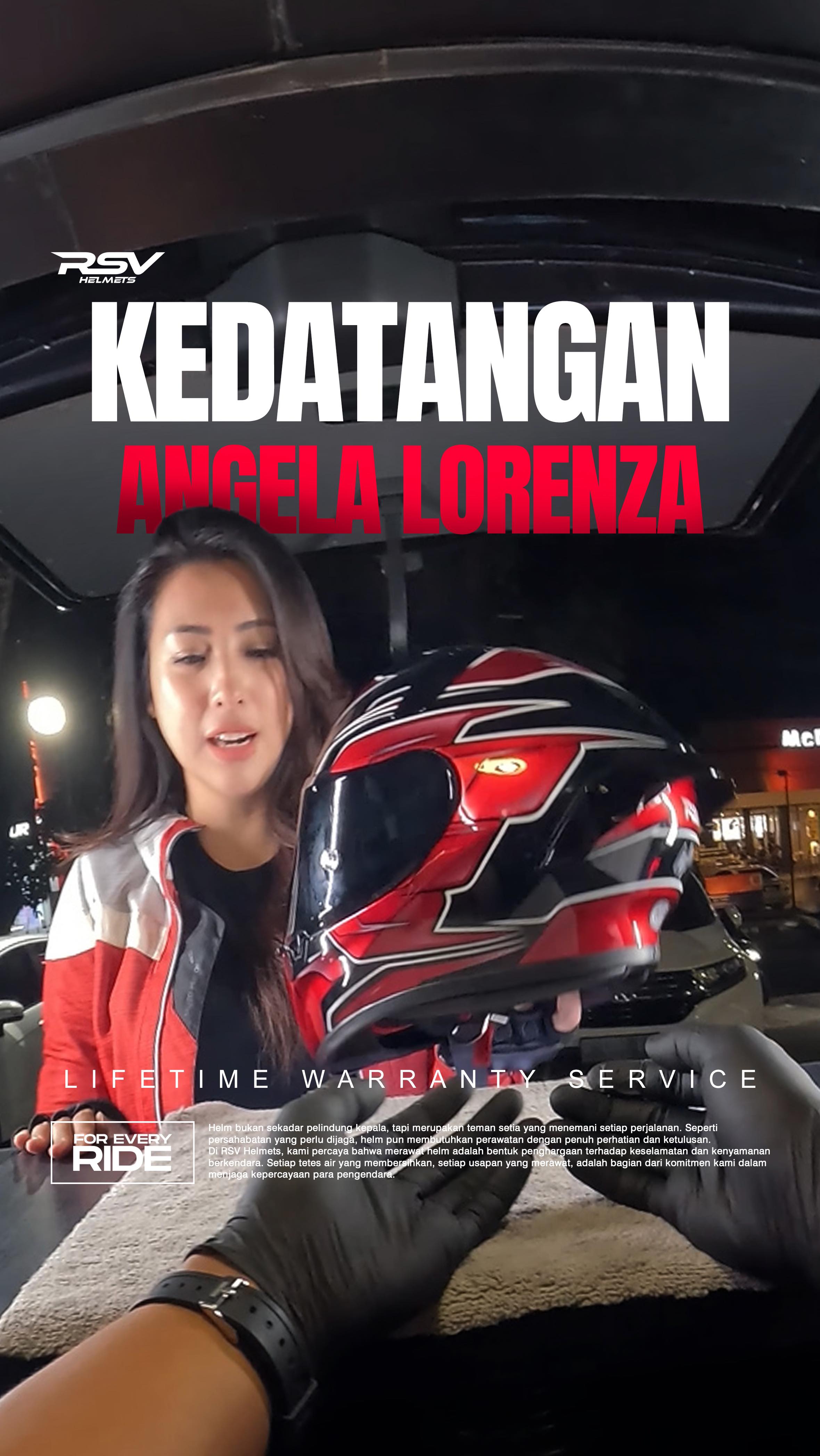 Instagram post by @elizabethangelalorenza for RSV HELMET. Caption reads: Kedatangan Brand Ambassador kita, Angela Lorenza!....