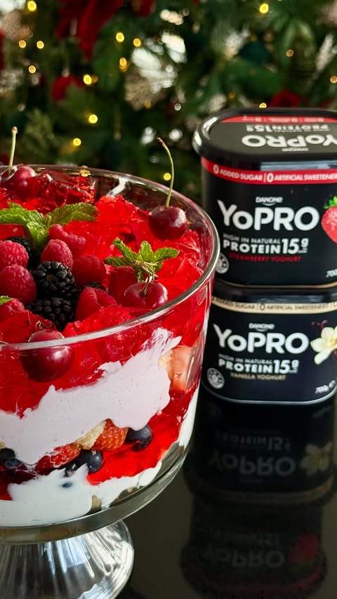 Instagram post by @kozenco for YoPRO. Caption reads: [...] classic Holiday trifle, made with creamy....