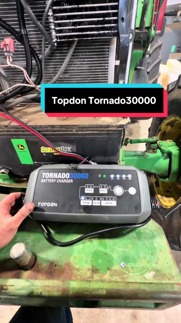 TikTok post by @jhmillerfarms2020 for Topdon. Caption reads: #TopdonThursday Topdon Tornado30000 Battery [...].
