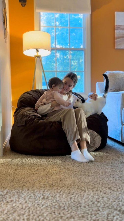 Instagram post by @mommaandmeow for Cordaroys. Caption reads: [...] DM you the  Chenille Nest Chair by....